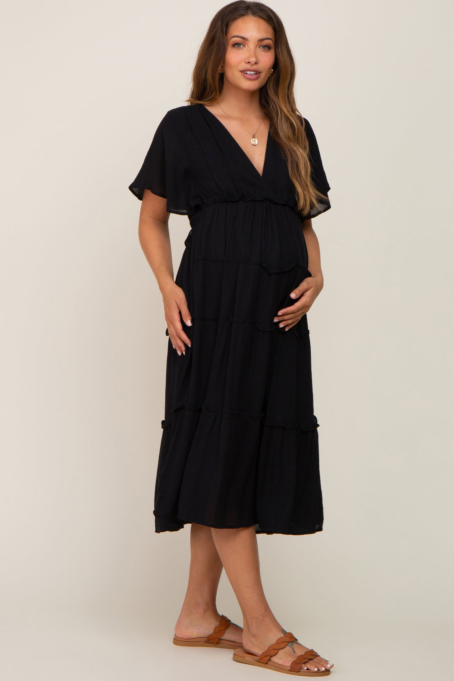 Black Ruffle Tiered V-Neck Maternity Midi Dress