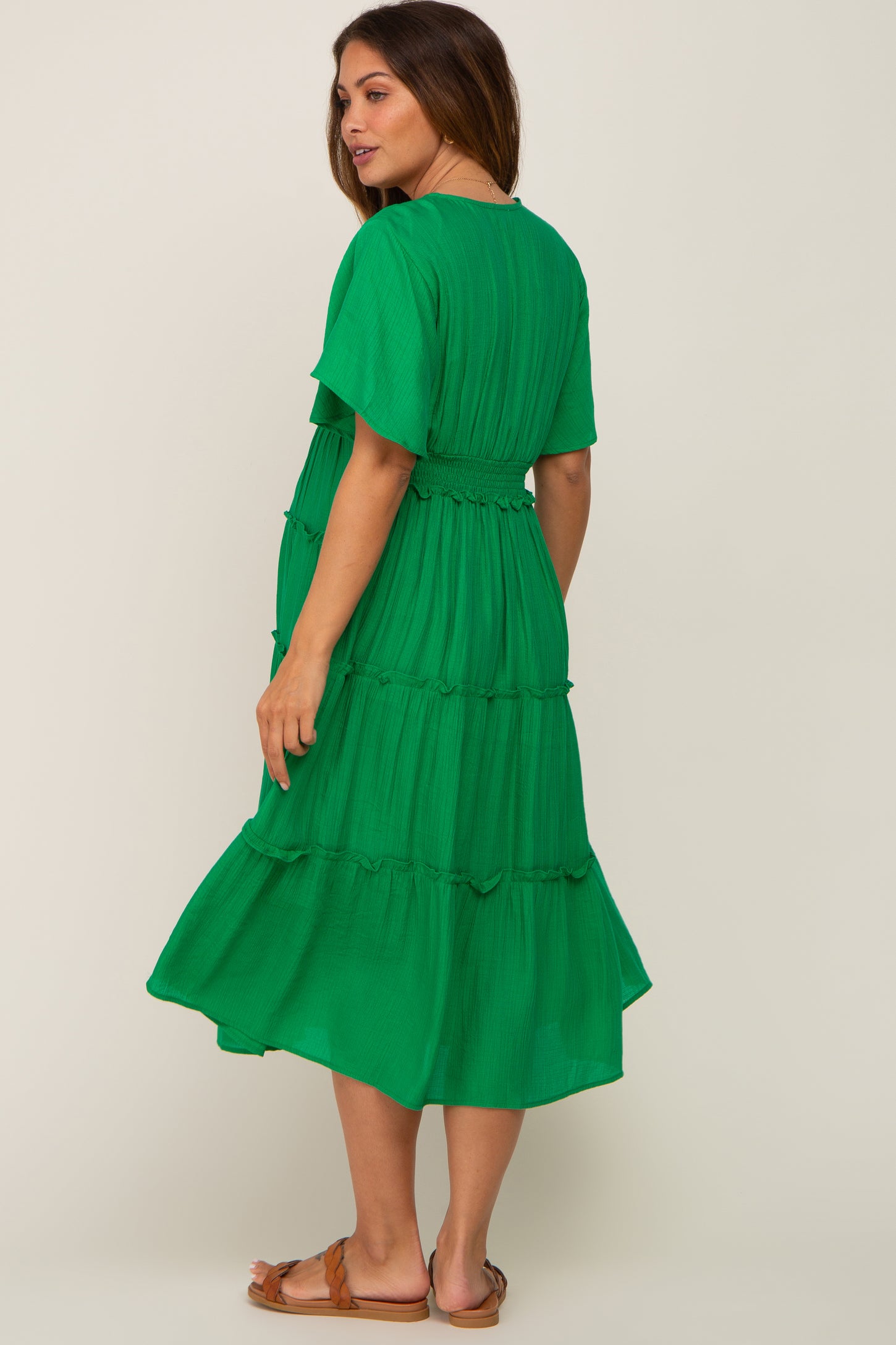 Green Ruffle Tiered V-Neck Maternity Midi Dress