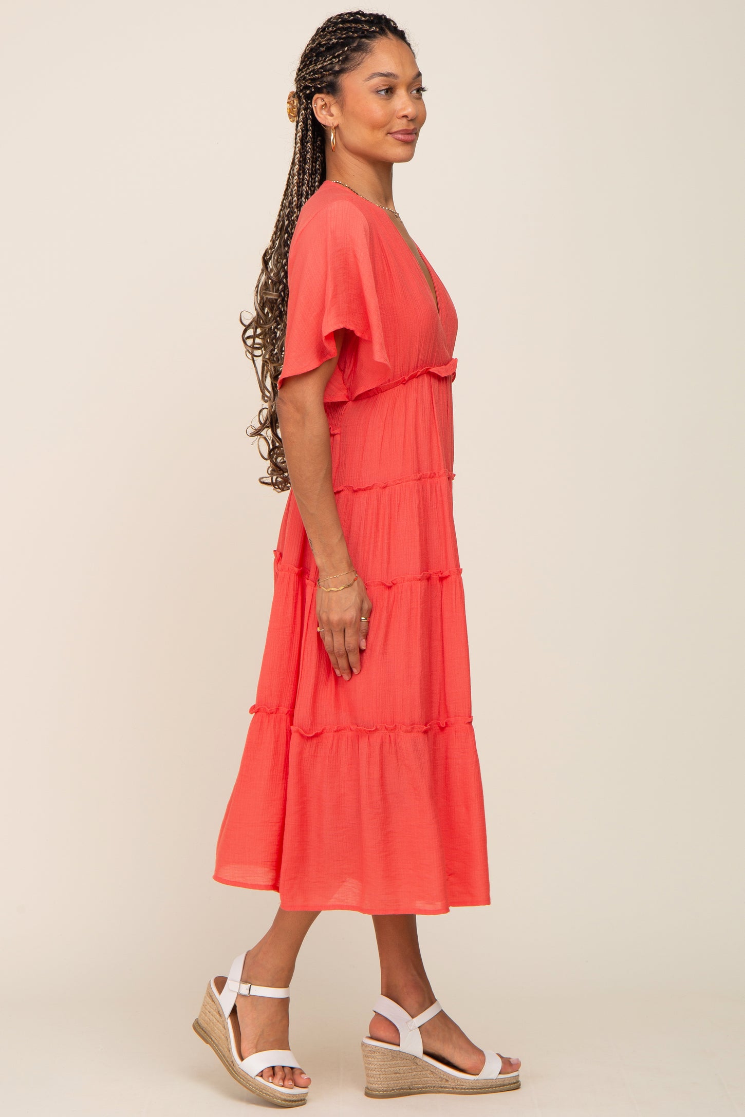 Coral Ruffle Tiered V-Neck Midi Dress