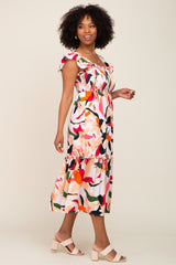 Ivory Floral Smocked Ruffle Tier Midi Dress