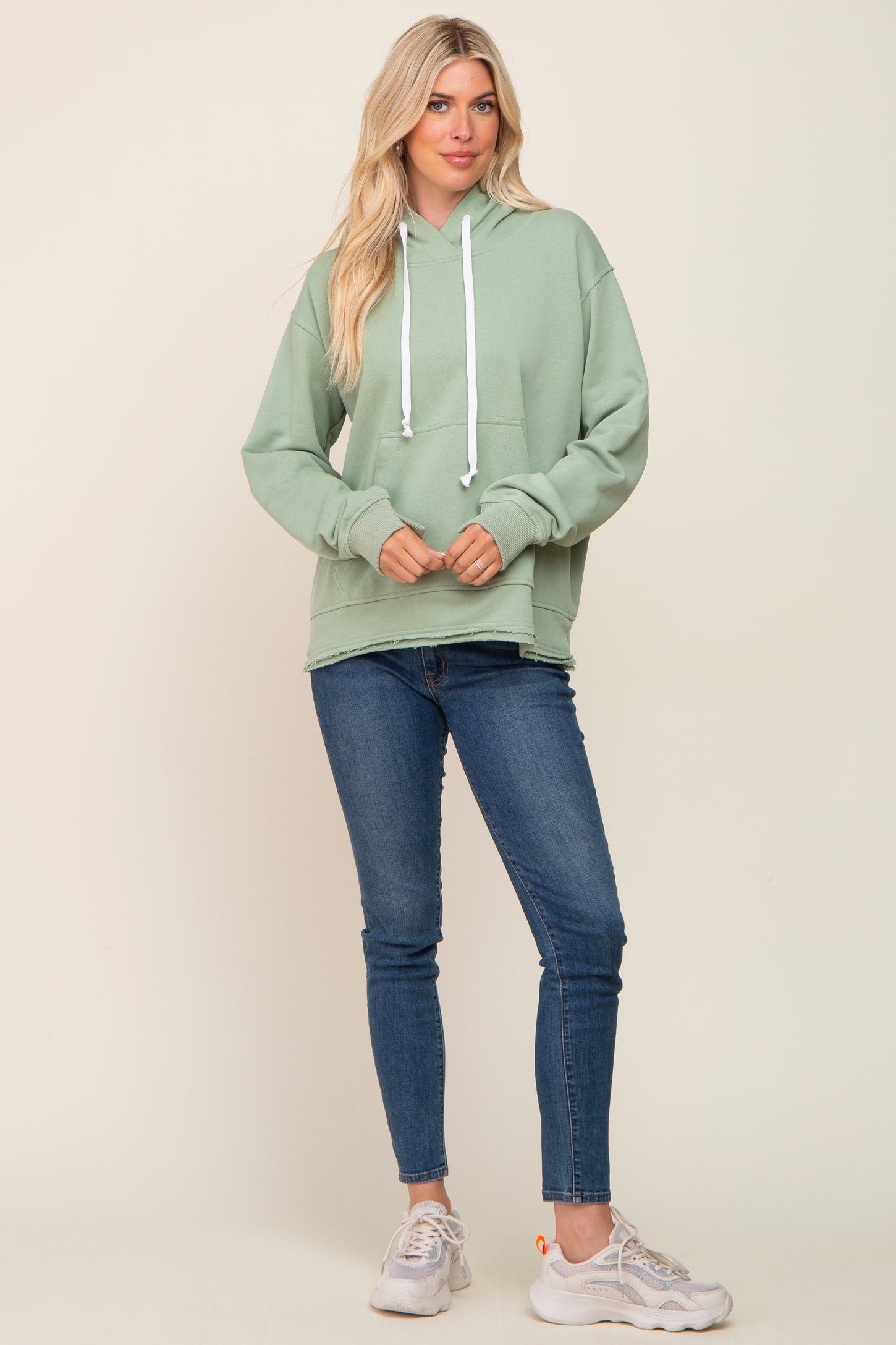 Light Olive Raw Edge Trim Drawstring Hoodie