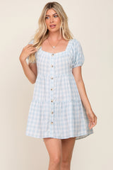 Light Blue Gingham Square Neck Button Front Maternity Dress