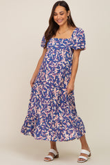 Blue Floral Puff Sleeve Maternity Midi Dress