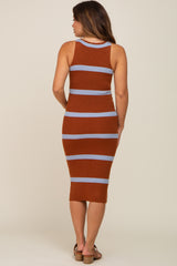 Brown Blue Striped Sleeveless Sweater Maternity Midi Dress