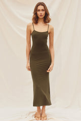 Olive Ribbed Basic Midi Dress