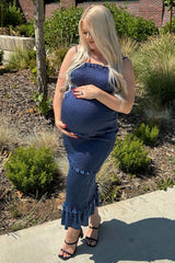 Blue Satin Smocked Fitted Maternity Maxi Dress