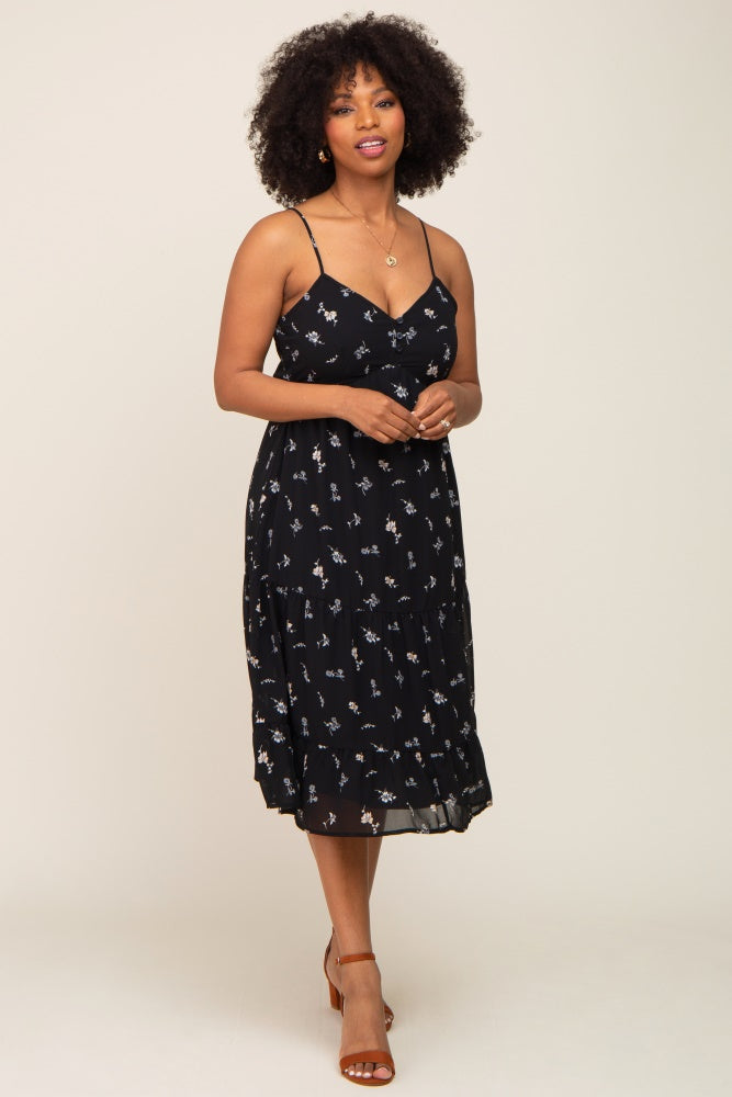 Black Floral Button Tiered Midi Dress