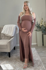 Mocha Ribbed Sleeveless Dress Cardigan Maternity Set