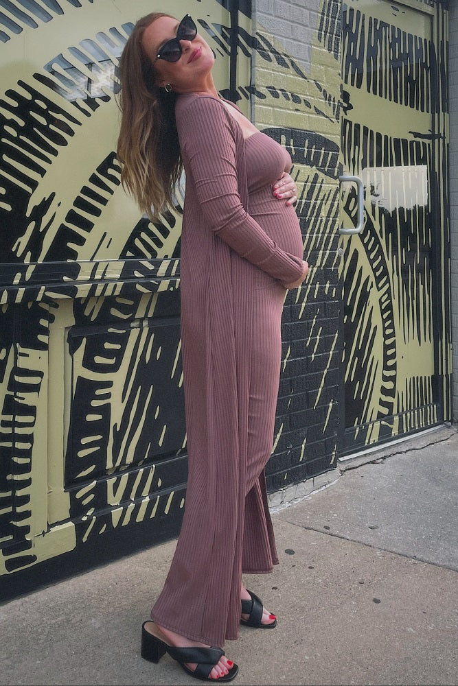 Mocha Ribbed Sleeveless Dress Cardigan Maternity Set