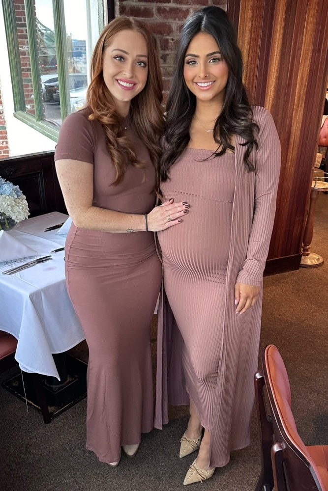 Mocha Ribbed Sleeveless Dress Cardigan Maternity Set