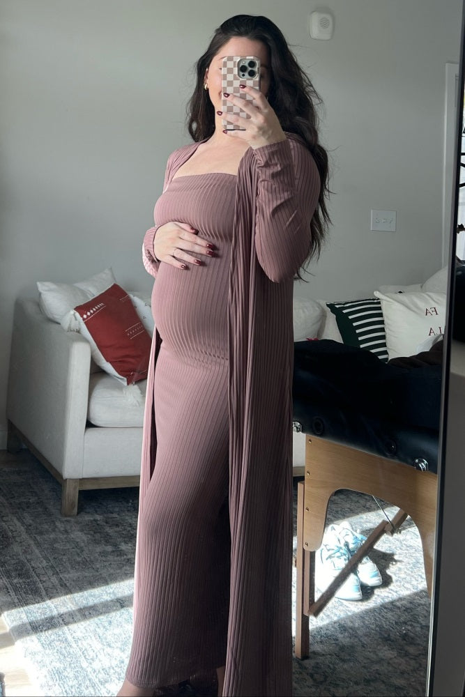 Mocha Ribbed Sleeveless Dress Cardigan Maternity Set
