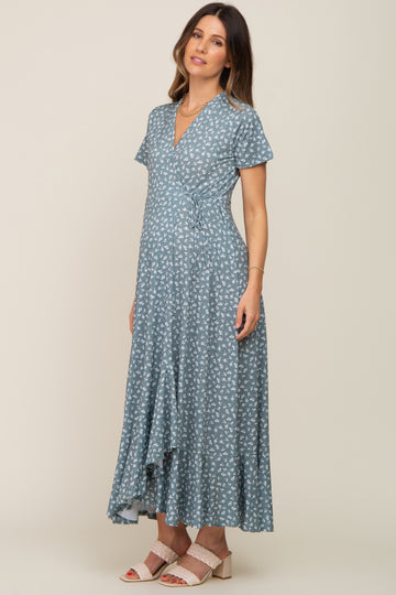 Light Olive Floral Wrap Front V-Neck Short Sleeve Maternity Midi Dress
