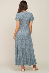 Light Olive Floral Wrap Front V-Neck Short Sleeve Maternity Midi Dress