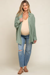 Green Lightweight Sheer Button Down Maternity Blouse
