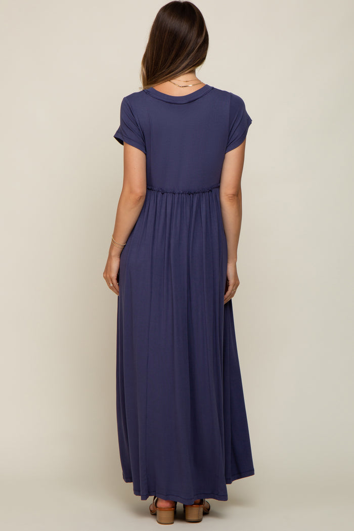 Navy Short Sleeve Pocketed Maternity Maxi Dress