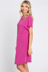 Magenta Ribbed Front Pocket Dolman Short Sleeve Dress