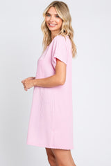 Light Pink Ribbed Front Pocket Dolman Short Sleeve Dress