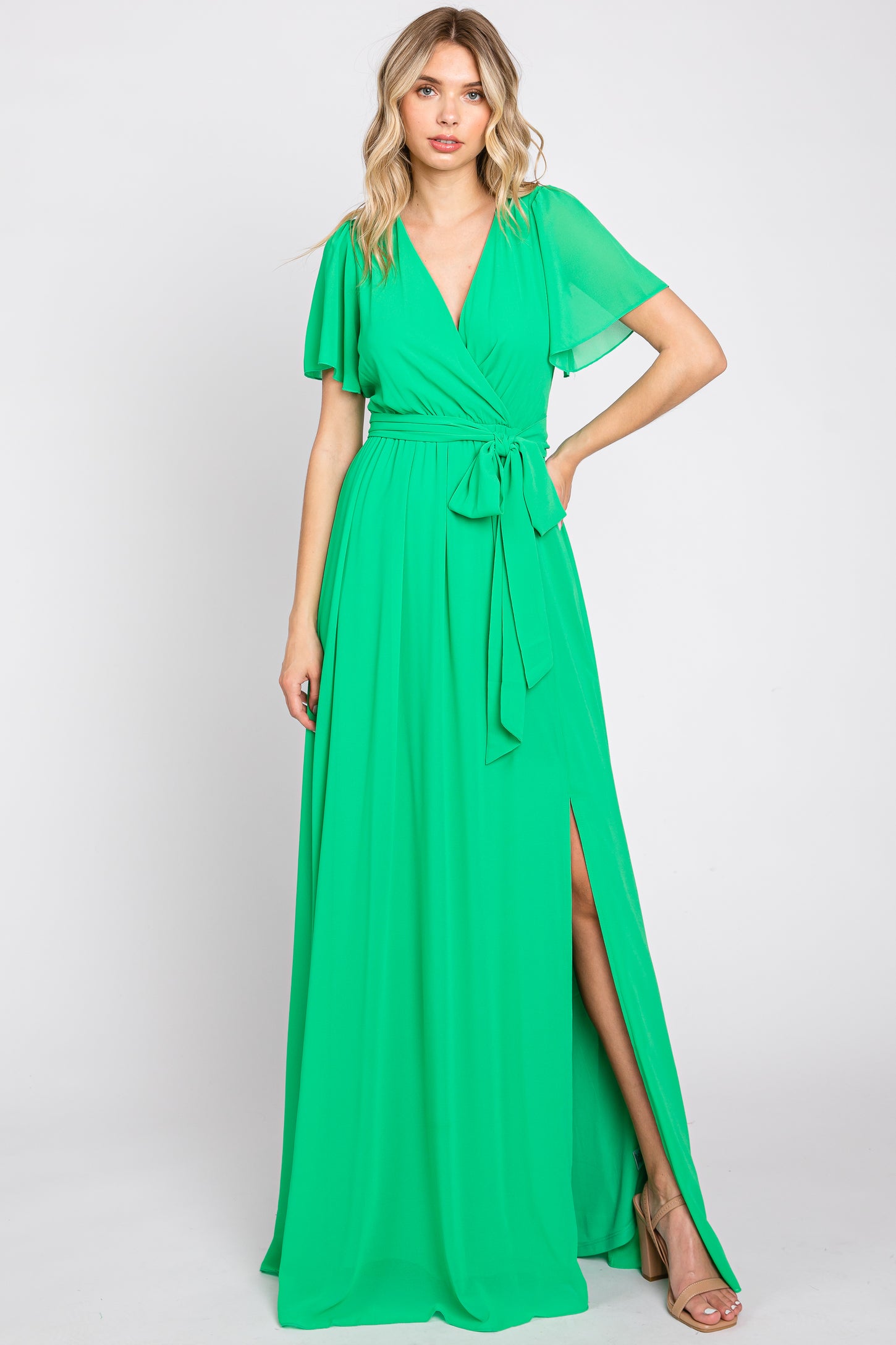 Green Chiffon Short Sleeve Wrap V-Neck Front Slit Maternity Maxi Dress