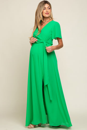Green Chiffon Short Sleeve Wrap V-Neck Front Slit Maternity Maxi Dress
