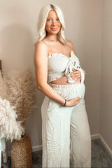 Beige Front Tie Crop Top and Pant Maternity Set