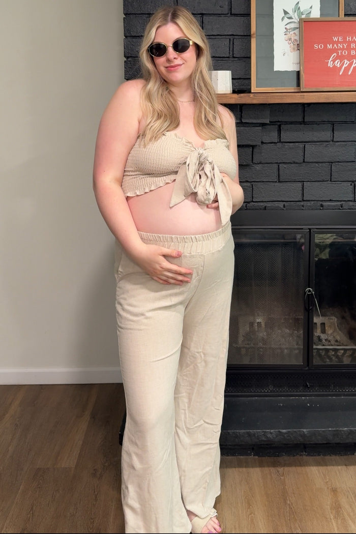 Beige Front Tie Crop Top and Pant Maternity Set