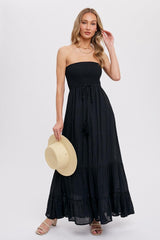 Black Smocked Strapless Front Tie Maxi Dress