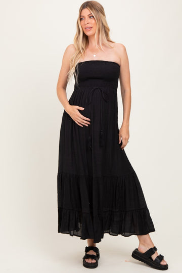 Black Smocked Strapless Front Tie Maternity Maxi Dress