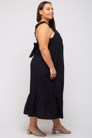 Black Ruffle Strap Back Tie Plus Midi Dress