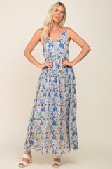 Blue Floral Chiffon Sleeveless Maternity Maxi Dress