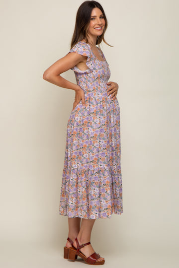 Light Pink Floral Off Shoulder Smocked Maternity Midi Dress