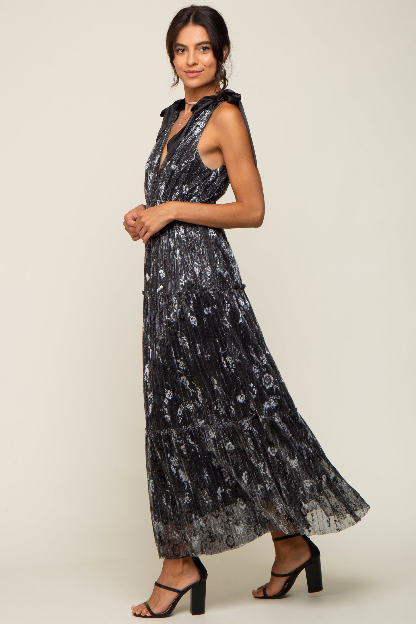 Black Floral Shimmer Deep V Shoulder Tie Maternity Midi Dress
