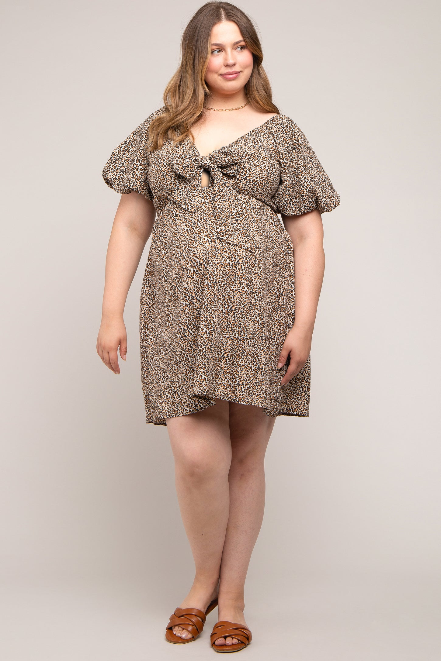 Cream Cheetah Print Knotted Puff Sleeve Plus Maternity Dress