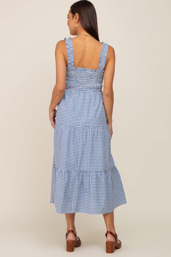 Blue Gingham Smocked Tiered Maternity Midi Dress