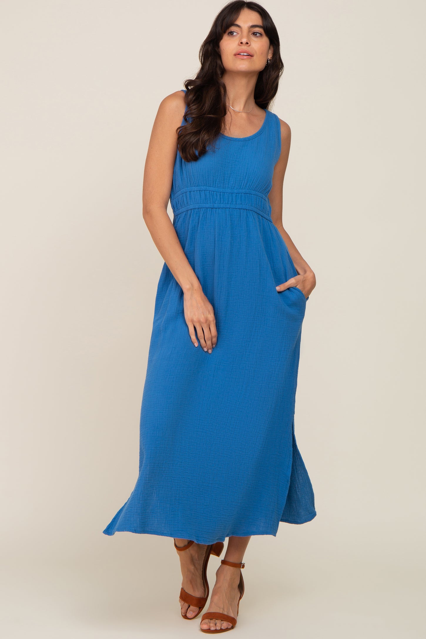 Blue Lightweight Sleeveless Open Back Maxi Dress