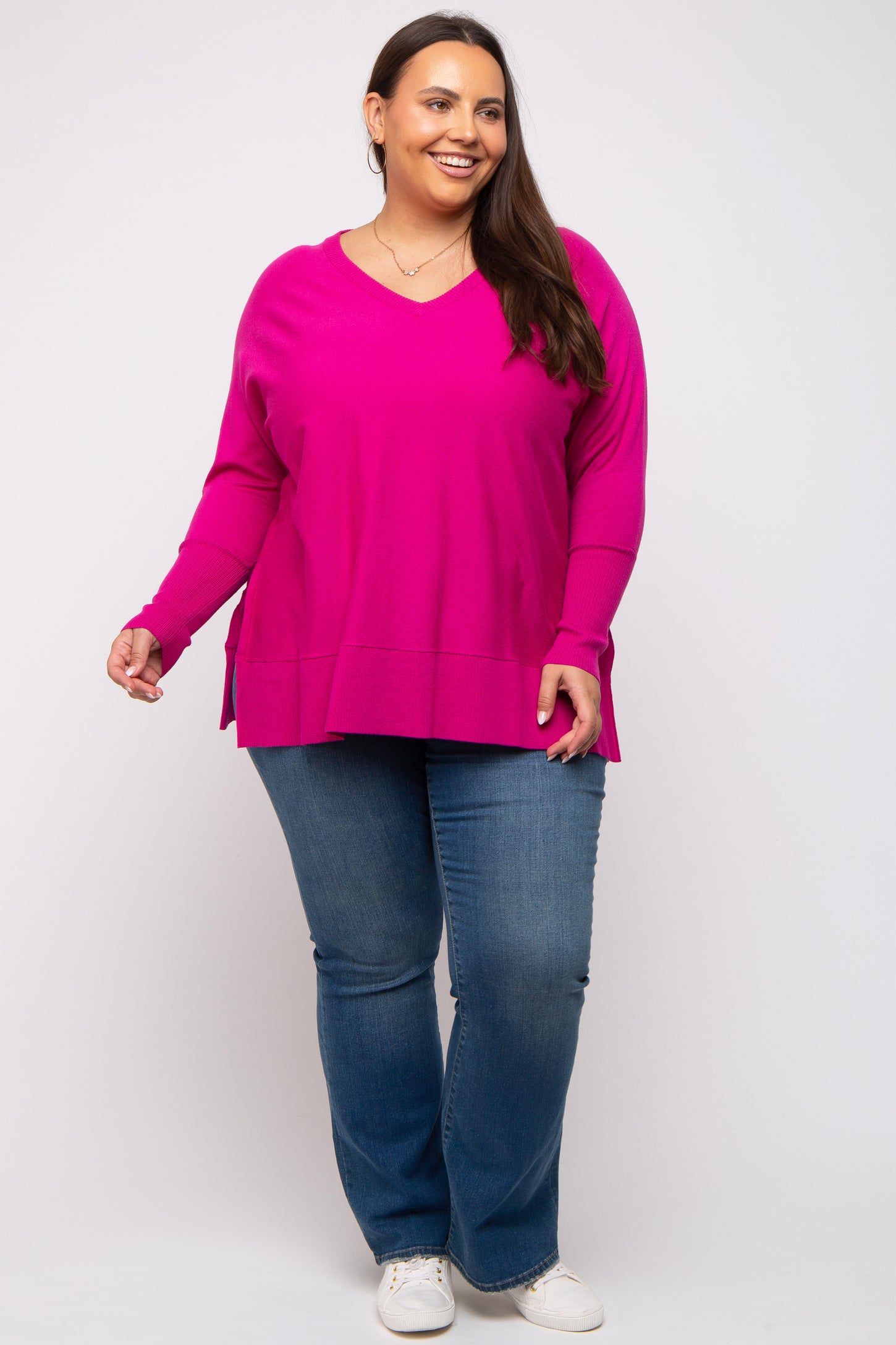 Fuchsia Knit Long Dolman Sleeve Plus Top