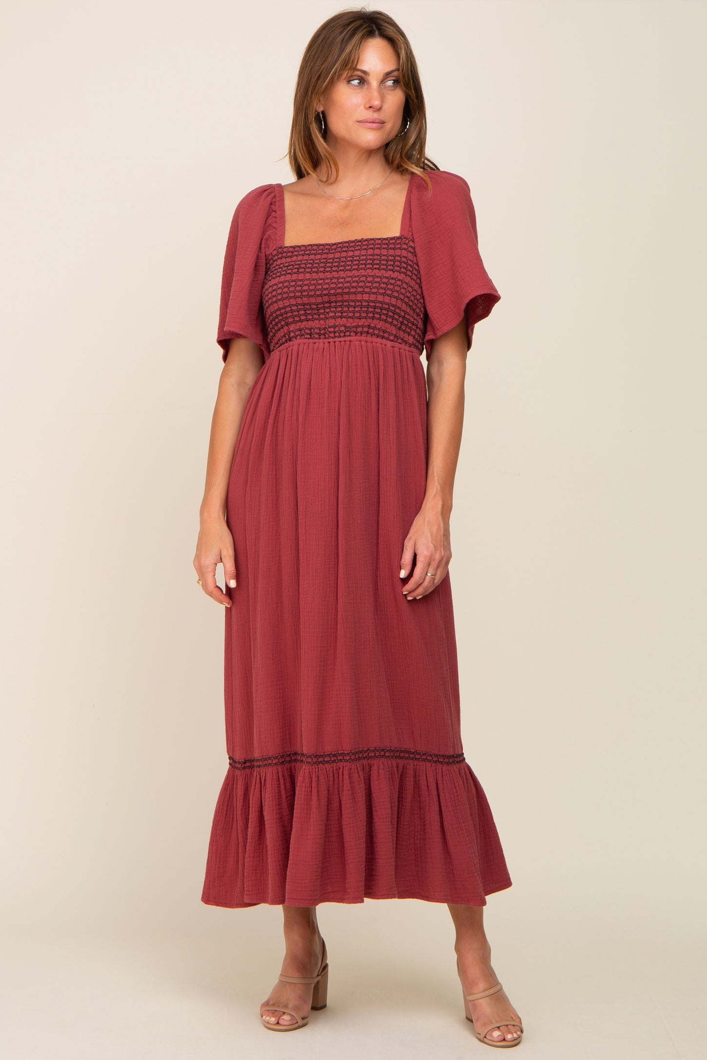 Burgundy Embroidered Smocked Square Neck Open Back Maternity Midi Dress