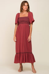 Burgundy Embroidered Smocked Square Neck Open Back Maternity Midi Dress