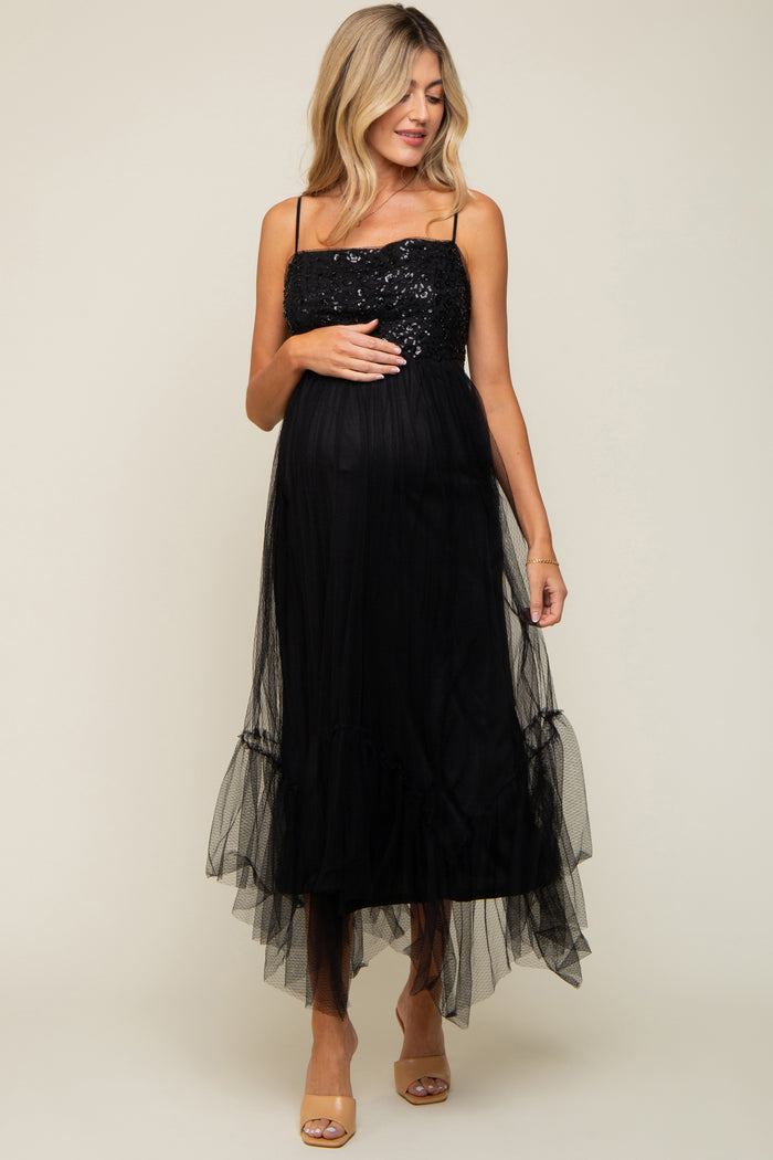 Black Sequin Top Tulle Maternity Midi Dress