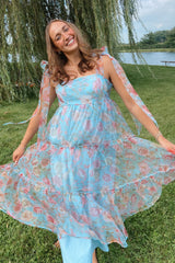 Blue Tiered Floral Print Organza Maxi Dress