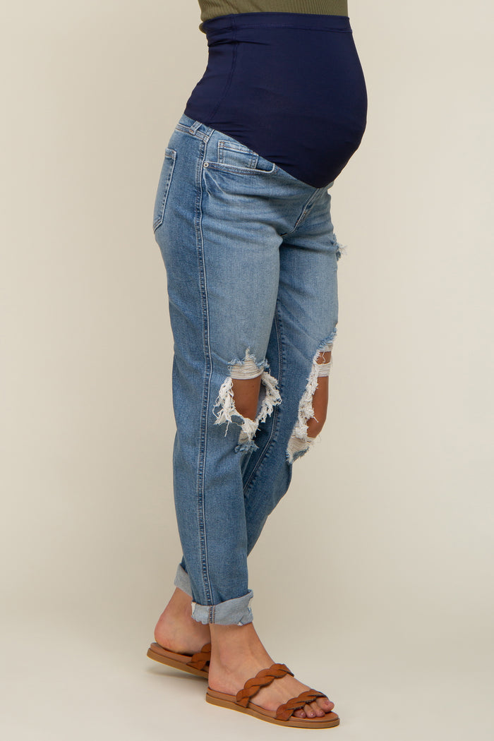 Blue Distressed Cuffed Maternity Jeans
