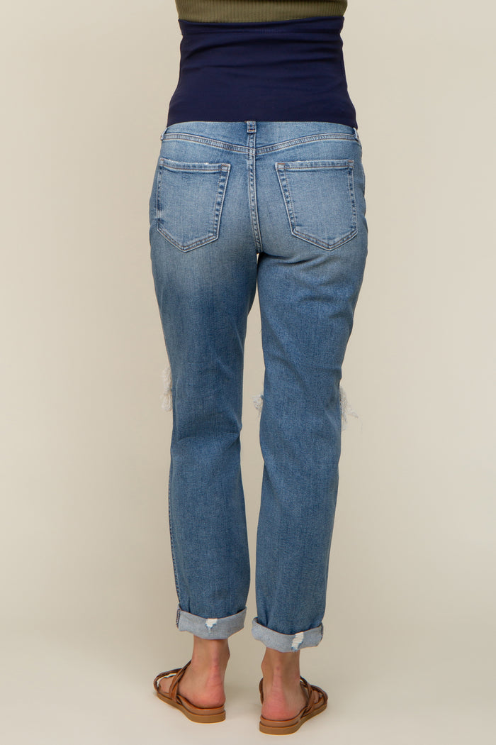 Blue Distressed Cuffed Maternity Jeans