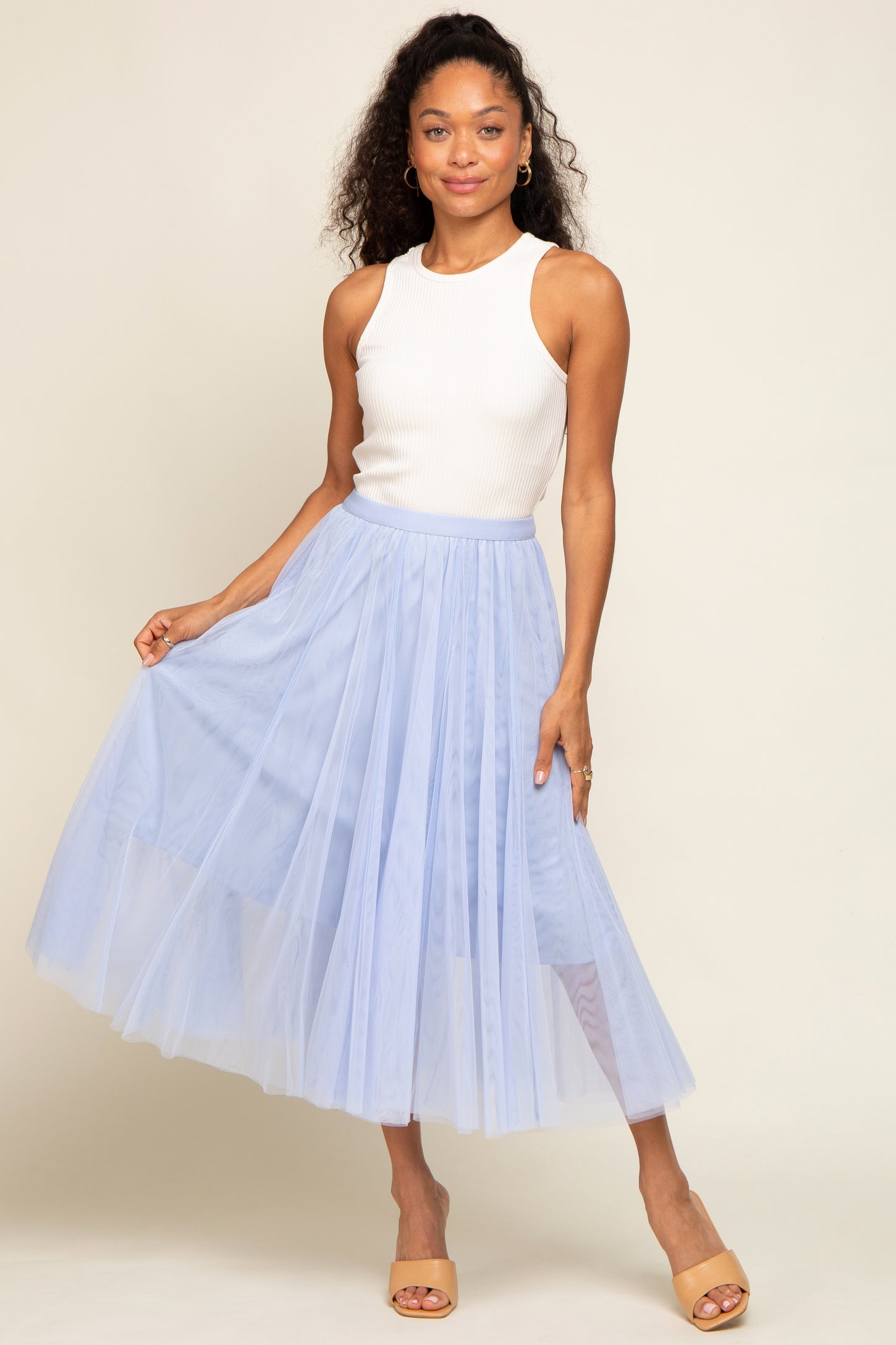 Light Blue Tulle Midi Skirt