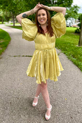 Yellow Metallic Bubble Sleeve Flared Mini Dress