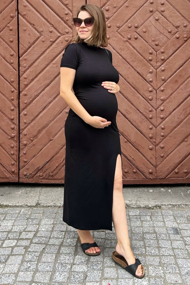 Black Mock Neck Front Slit Short Sleeve Maternity Maxi Dress