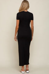 Black Mock Neck Front Slit Short Sleeve Maternity Maxi Dress