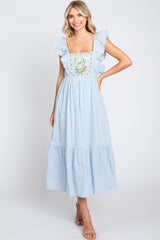 Light Blue Floral Embroidered Tie Back Maternity Midi Dress