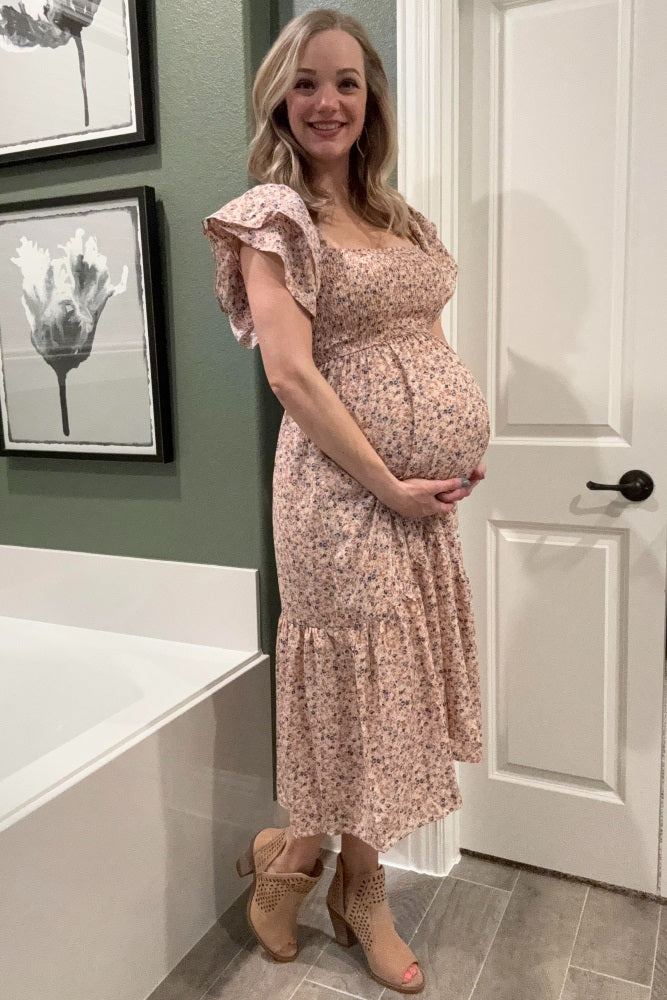 Light Pink Floral Flutter Maternity Midi Dress