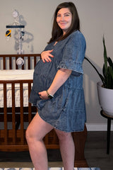 Blue Vintage Wash Tiered Maternity Dress