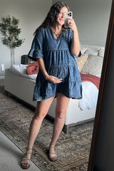 Blue Vintage Wash Tiered Maternity Dress