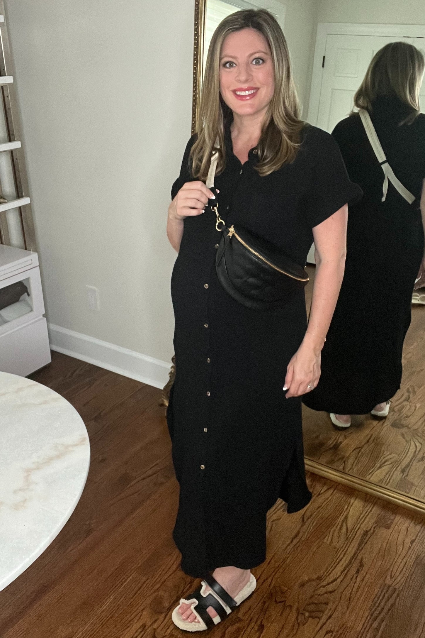 Black Button Down Maternity Midi Dress